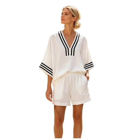 JFOPQVSM Linen Sets for Women 2 Piece Summer Boho V Neck Half Sleeve Tops and Wide Leg Shorts Casual Vacation Outfits