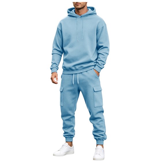 JFOPQVSM Men's Hoodie and Sweatpants Set Casual Sportswear Solid Color Fleece Hoodie Workwear Slim Fit Pants Two Piece Set.