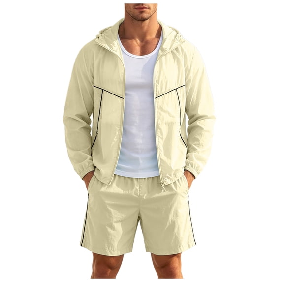 JFOPQVSM Men’s Tracksuit Sweatsuits Full Zip Long Sleeve Hooded Jacket and Shorts Athletic Casual Workout 2 Piece Set Two Piece Vacation Outfits for Men