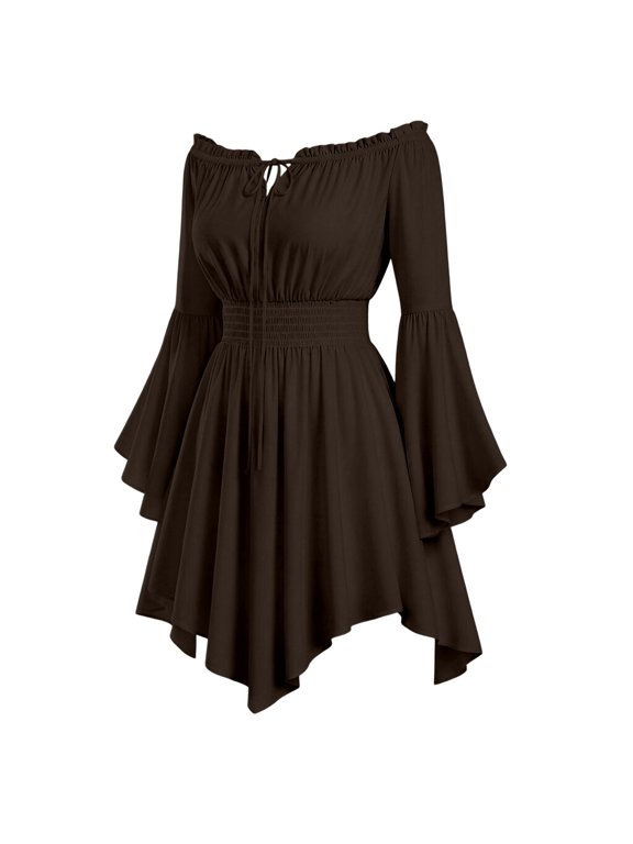 Renaissance Women Medieval Chemise Dress Pirate Midi Dress For Halloween Ruffled Trumpet Sleeves Dress