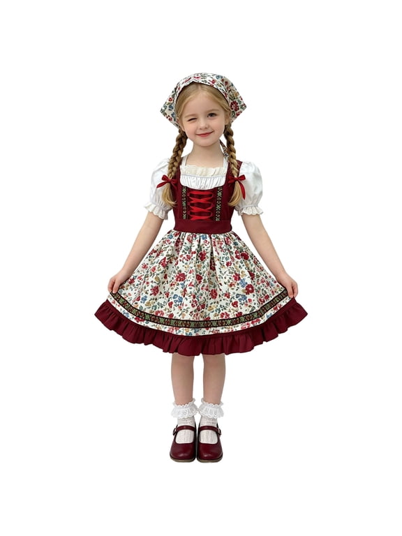 Set of 5 Kids German Dirndl Dress Off Shoulder Oktoberfest Girl Cos Traditional German Bavarian Dirndl Dress (5-14Y)