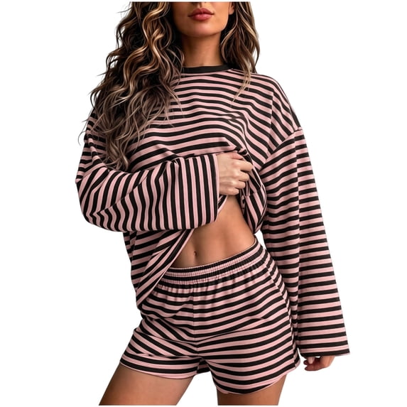 JFOPQVSM Two Piece Sets for Women Summer Sets 2026 Striped Shirts and Shorts Set Oversized Matching Outfit