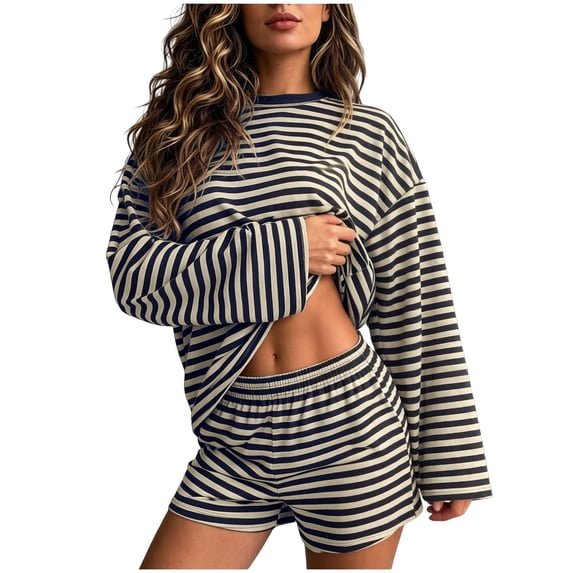 JFOPQVSM Two Piece Sets for Women Summer Sets 2026 Striped Shirts and Shorts Set Oversized Matching Outfit