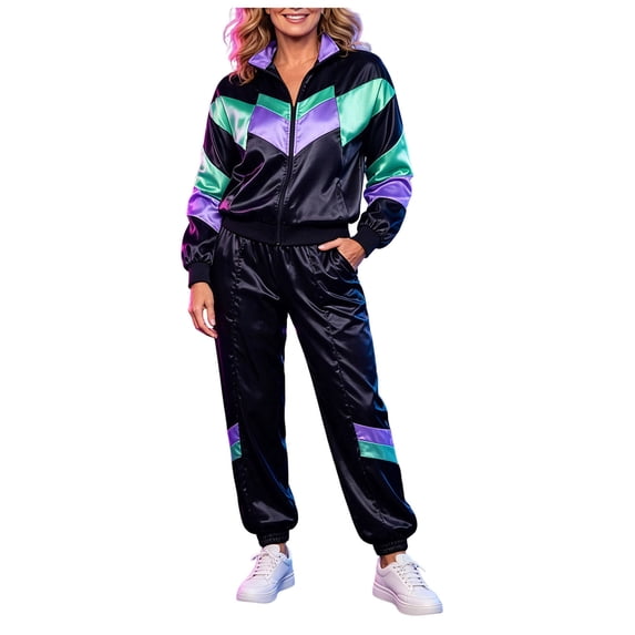 JFOPQVSM Unisex Disco Tracksuit Jacket and Pants Jogging Outfit Retro Two Piece Set