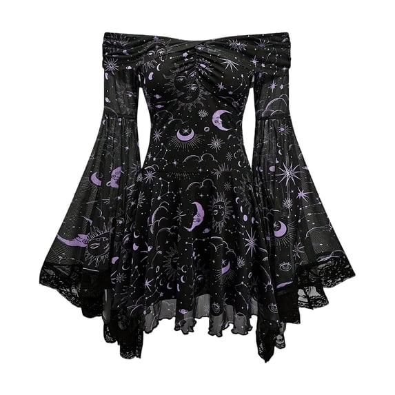 JFOPQVSM Women Gothic Off The Shoulder Dress Long Bell Sleeve Mesh Short Dresses Halloween Dress-Up