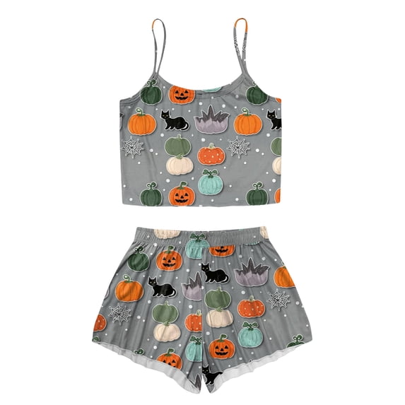 JFOPQVSM Women Sexy Sleeveless Tank Top Shorts 2 PC Halloween Print Pajama Set Trick-or-Treat Outfit