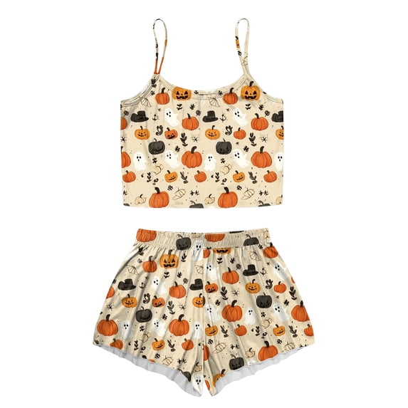 JFOPQVSM Women Sexy Sleeveless Tank Top Shorts 2 PC Halloween Print Pajama Set Trick-or-Treat Outfit