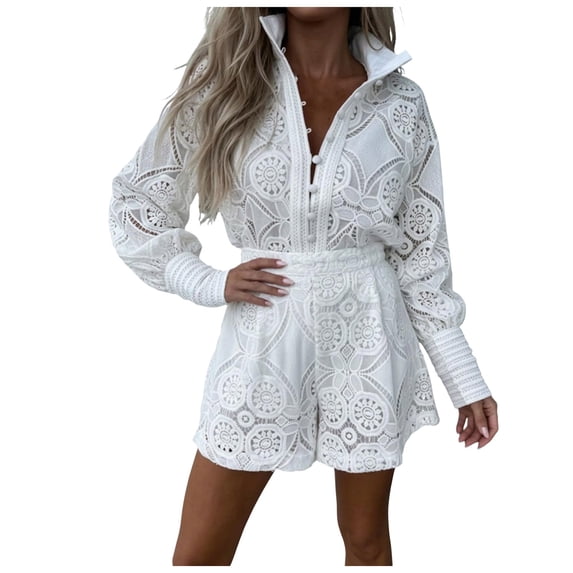 JFOPQVSM Women's Eyelet Lace Two Piece Outfits Floral Embroidery Shirts Long Sleeve Blouse Tops Wide Leg Shorts Matching Sets