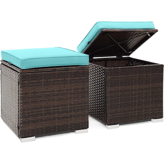 JFTER 2 Pieces Patio Ottomans, Patiojoy Hand-Woven PE Rattan Side Table with Removable Cushion & Hidden Storage Space, Multifunctional Storage Box, Seat for Patio, Backyard, Poolside (Turquoise)