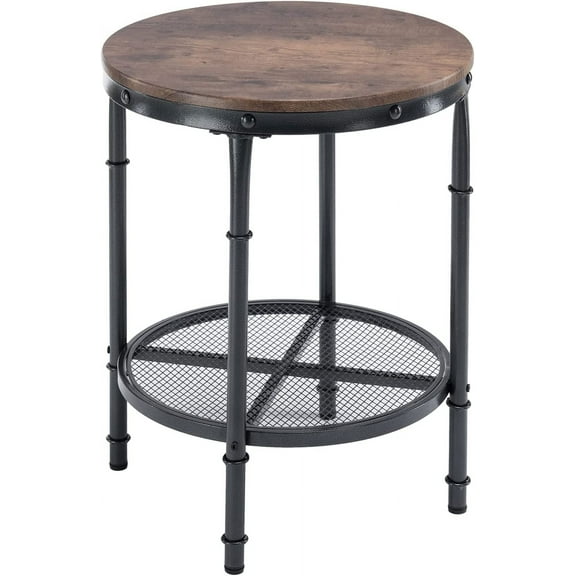 JFTER 20" Side Table, Round End Tables Living Room, Industrial Small End Table with Metal Mesh, Rustic Farmhouse Side Tables for Bedroom, Office, Corner, Walnut
