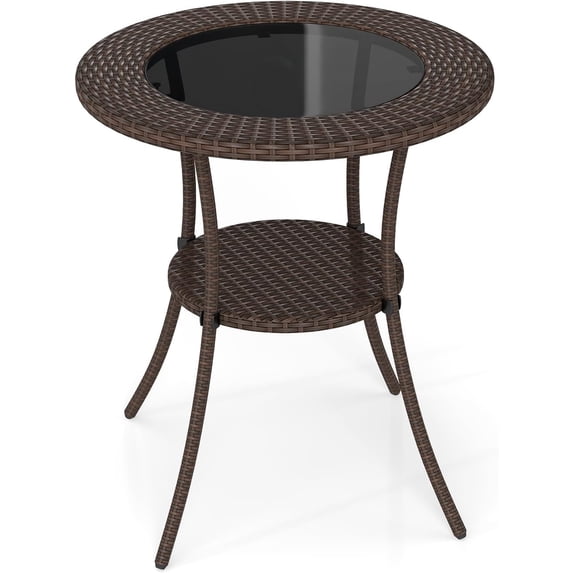 JFTER 25.5" Wicker Patio Dining Table, Outdoor Round Bistro Side Table with Tempered Glass Top and Storage Shelf, for Balcony, Garden and Backyard