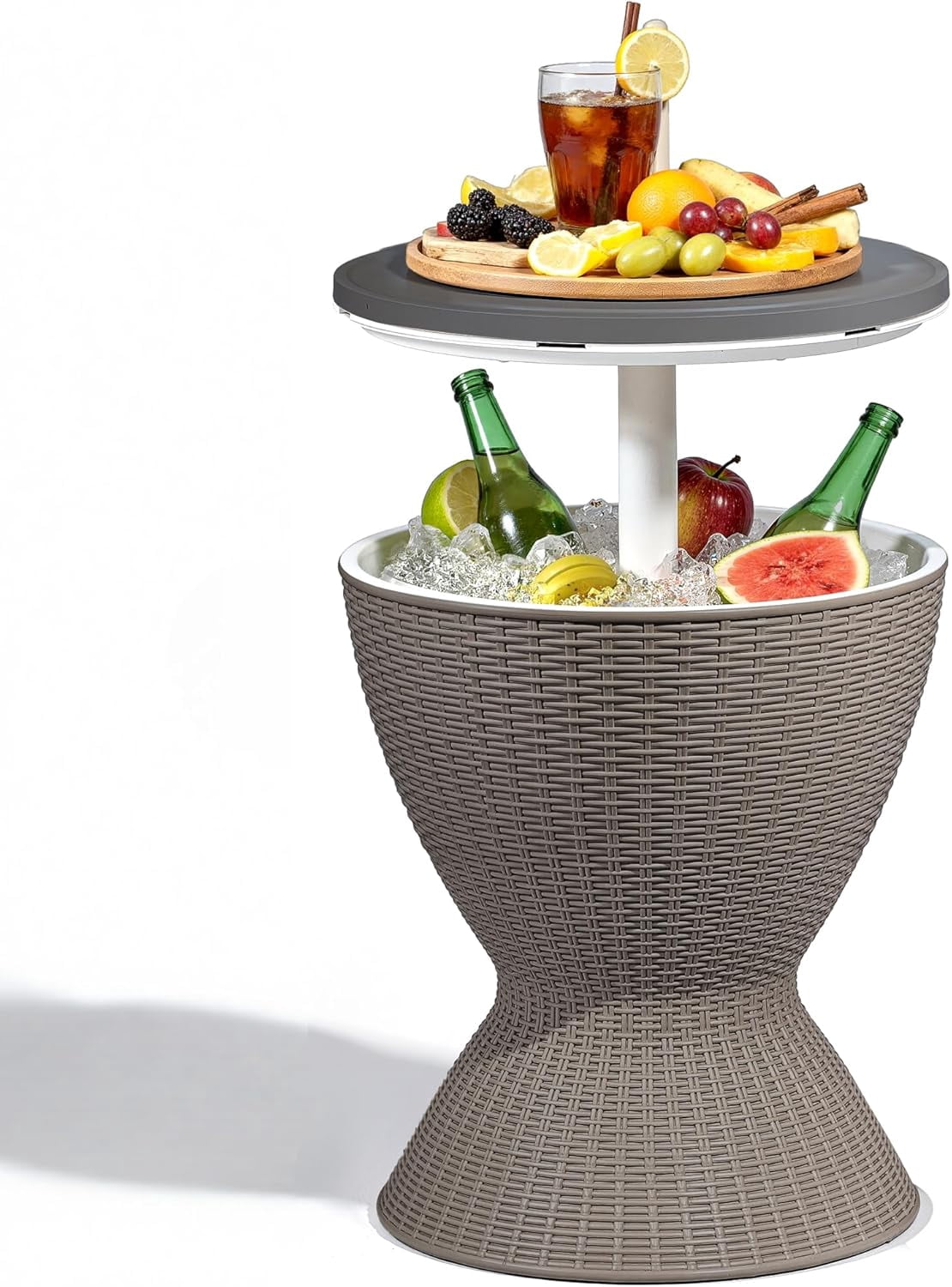 JFTER 3-in-1 Resin Ice Bucket & Beverage Cooler – Wood Look Patio Table, UV Protection & Drain Plug for Outdoor Parties, Bars, and Poolside Use