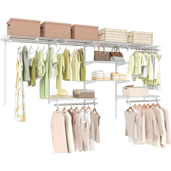 JFTER 4 to 8 FT Custom Closet System, Wall Mounted Closet with Hanging Rod, Metal Hanging Storage Organizer Rack Wardrobe with Shelves, Adjustable Closet System Kit for Bedroom (White)