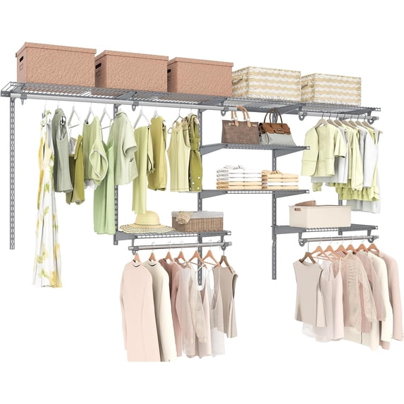 JFTER 4 to 8 FT Custom Closet System, Wall Mounted Closet with Hanging Rod, Metal Hanging Storage Organizer Rack Wardrobe with Shelves, Adjustable Closet System Kit for Bedroom (Gray)