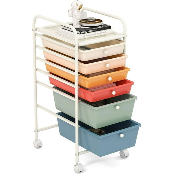 JFTER 6-Drawer Rolling Storage Cart, Multifunctional Art Craft Organizer Cart, Mobile Utility Storage Cart with Removable Drawers & Lockable Wheels, Craft Cart for Home Office, Macaron Color
