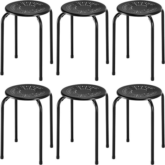 JFTER 6-Pack Steel Stack Stools, 17.5-Inch Height Portable Stackable Backless School Stools with Daisy Design, Round Classroom Decoration Stools Set of 6 for Kids Children Students, Black