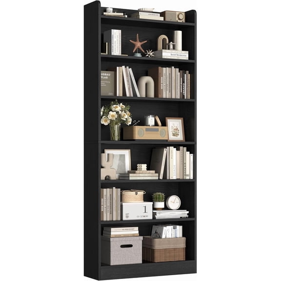 JFTER 7-Tier Open Bookcase and Bookshelf, Modern Simple Floor Standing Display Storage Shelves with Top Open Compartment for Home Office, Study, Living Room - Black
