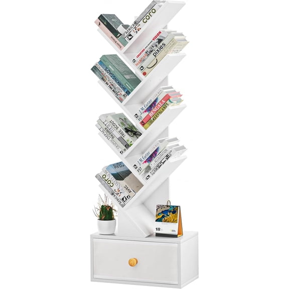 JFTER 8 Tier Tree Bookshelf with Drawer, Free Standing Wood Bookcase for Living Room, Bedroom, Home Office, Space Saving Storage Organizer Bookshelves for Books, CDs, Vinyl Records- White