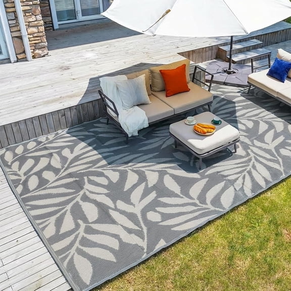 JFTER 9x12ft Outdoor Rug, Reversible Plastic Patio Rug Waterproof, Indoor Outdoor Carpet Clearance, Large Area Carpet for Patio Deck Balcony Pool RV Camping Beach Picnic, Grey Big Leaves