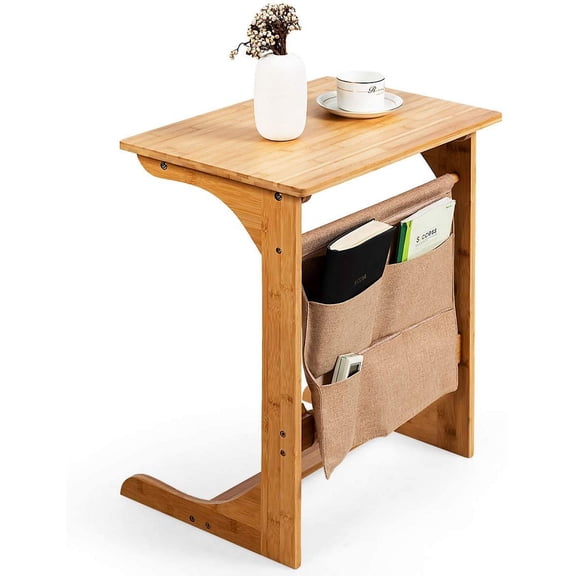 JFTER Bamboo TV Tray Table for Living Room, Sofa Side Table, Snack End Table w/Storage Bag, C-Shaped Bed Side Table, Multifunctional Bedside Table for Home, Office