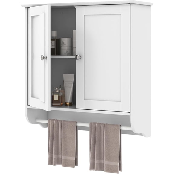 JFTER Bathroom Cabinet Wall Mounted, Over The Toilet Storage Cabinet with Towel Bar, 2 Doors and Adjustable Shelf, Space-Saving Wall Cabinet Medicine Cabinet for Bathroom Kitchen (White)