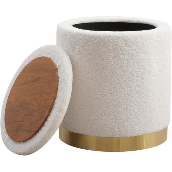 JFTER Boucle Round Storage Ottoman with Removable Lid, Small Upholstered Foot Rest Stool with Gold Plating Base, for Dorm Living Room Bedroom, Cream
