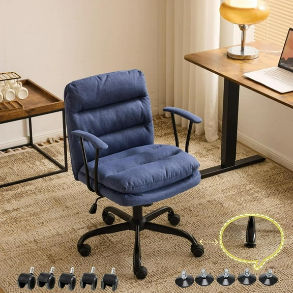 JFTER Comfortable Office Desk Chairs with/No Wheels,Dual-Base,Removable Armrests,Adjustable Comfy Rolling Swivel Computer Nail Tech Chair for Office,Sewing,Makeup Vanity,Teen,Linen Fabric,Navy Blue