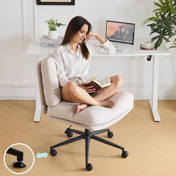JFTER Criss Cross Cloud Seat,Comfy Corduroy Cross Legged Office Desk Chair with/no Wheels,Cute Vanity Stool, Adjustable Wide Seat,Modern Swivel Perch for Study, Make Up, Home OfficeLight Khaki