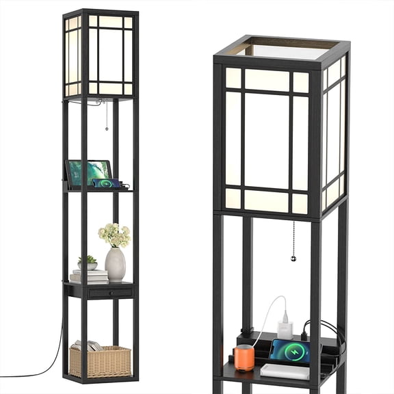 JFTER Floor Lamp with Shelves and Drawer, 1 Power Outlet & 2 USB Ports, Modern Shelf Standing Light for Living Room Bedroom, Black (Glossy)