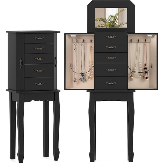 JFTER Jewelry Armoire Cabinet with Flip Top Mirror, Standing Jewelry Chest, Top Storage Tray, 4 Storage Drawers, 2 Side Doors with 6 Necklace Hooks, Vintage, Wood Stand Up Jewelry Box, Black