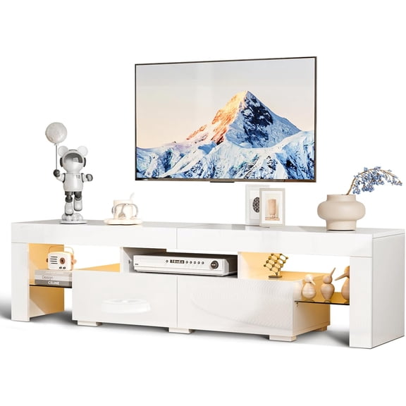 JFTER LED TV Stand, 63'' High Glossy Modern Entertainment Center with Remote Control 20-Color LED Lights and 2 Large Storage Draws for 55/60/65/70 Inch TV (White, 63''L x 14''W x 18''H)