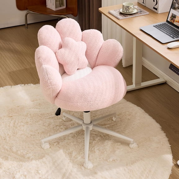 JFTER Lovely Petal Vanity Desk Chair with Star Pillow, Height Adjustable Armless Swivel Chair in Vibrant Color-Blocking, Modern Computer Task Chair for Bedroom & Home Office, Teddy Fleece,Pink