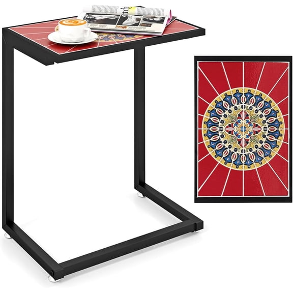 JFTER Mosaic C-Shaped Outdoor Side Table with Sturdy Metal Frame and Adjustable Foot Pads, 110 Lbs Capacity, Patio End Table for Sofa Side, Living Room, Bedroom, Outside (1)