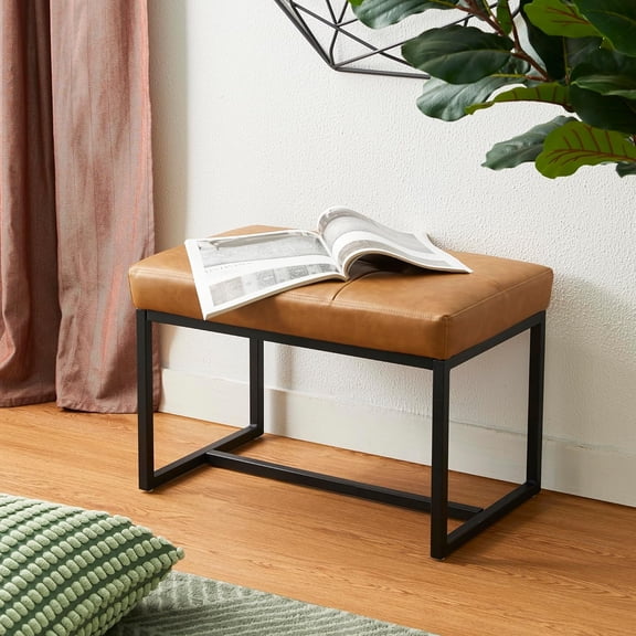 JFTER Ottoman Bench, Modern PU Leather Vanity Stools Chairs with Metal Frame, Makeup Stool Padded Foot Rest Stool for Living Room Vanity, Entryway, Bathroom,Light Brown