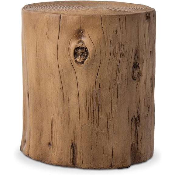 JFTER Outdoor End Table Light Oak Colored Faux Wood, Hand-Painted Wood Stump Stool, Ottoman or Plant Stand, Deck or Garden