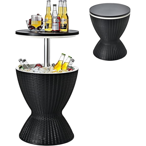 JFTER Outdoor Ice Cooler Side Table with Adjustable Height, 8 Gal Beverage Bucket with Drain Plug, Rattan Patio Bar Table for Poolside, Deck, BBQ & Backyard Parties