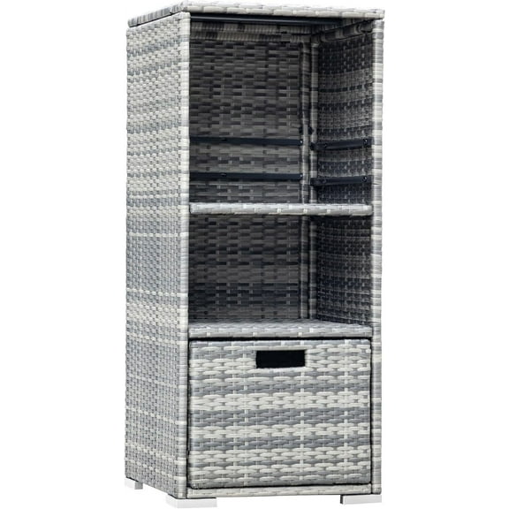 JFTER Outdoor Pool Towel Rack Patio Waterproof Rattan Wicker Storage Cabinet Shed with Shelves & Drawer (Grey)