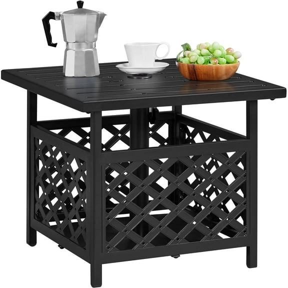 JFTER Outdoor Side Table with Umbrella Hole, Outdoor Table Base Metal Patio Side Table Coffee Table End Table for Garden, Pool, Deck