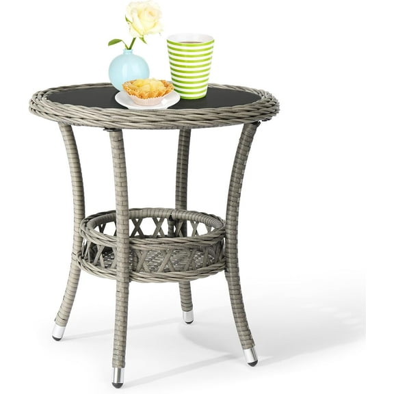 JFTER Outdoor Wicker Side Table, Patio Side Tables for Outside Tempered Glass Top Wicker Table with Storage End Table for Balcony Porch Deck (Grey)