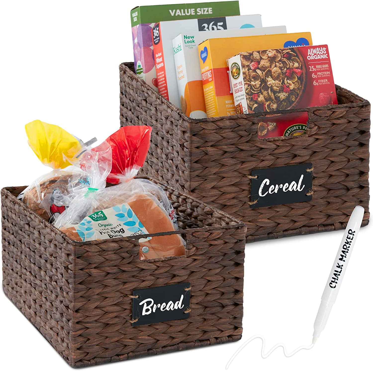 JFTER Pantry Baskets Set of 2 16x12in Water Hyacinth Storage Baskets, Woven Wicker Kitchen Organizers with handles w/Chalkboard Label Chalk Marker - Brown