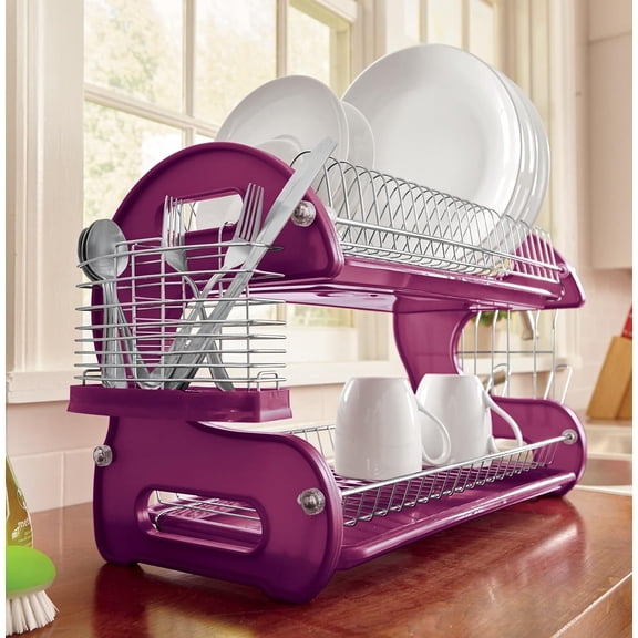 JFTER Retro 2-Tier Dish Rack, Space-Saving Design, Durable Plastic and Chrome-Plated Wire, Easy Assembly (Purple Punch)