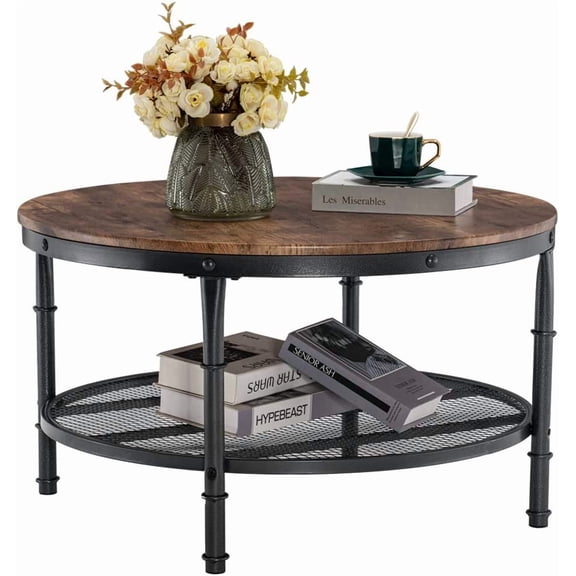 JFTER Round Coffee Table with Storage - 31.5" Rustic Farmhouse Design, Industrial Style with Metal Shelf