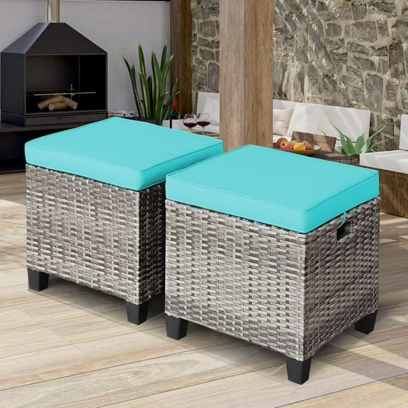 JFTER Set of 2 Outdoor Ottoman, 16 Wicker Foot Stools, All-Weather Rattan Cube Footstool w/Removable Cushions, Square Footrest Extra Seating for Patio, Porch, Deck, Easy Assembly (Turquoise)