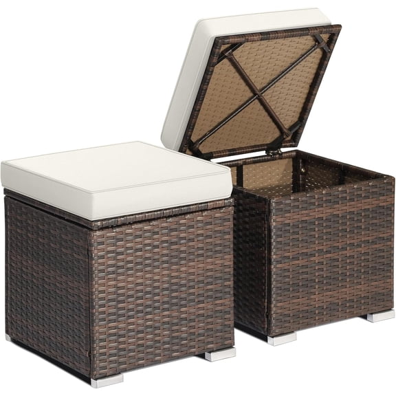 JFTER Wicker Outdoor Storage Ottoman, 2-Piece Rattan Footstool w/Removable Cushion, Multipurpose Footrest Stool Side Table Additional Seating, Set of 2 Outdoor Ottomans for Patio Deck (Off White)