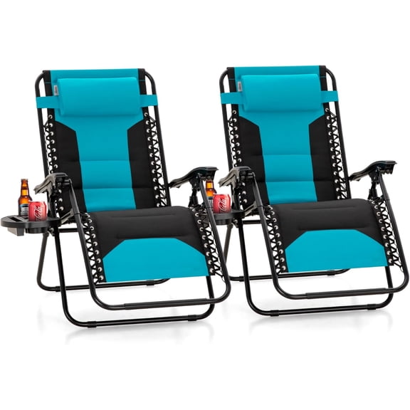 JFTER Zero Gravity Chair Set of 2, Padded Anti Gravity Recliner, Oversized 28" Wide Seat, Foldable Patio Lounger with Armrest & Cup Holder, Supports 400 LBS (Aqua)