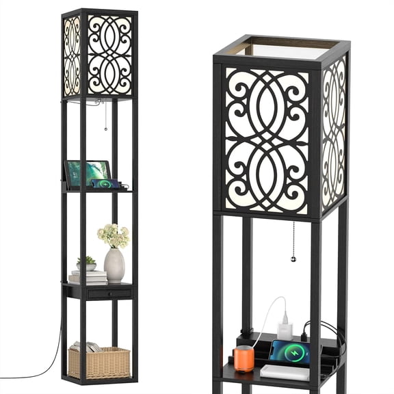 JFTER floor lamp with Shelves and Drawer, Modern with 1 Power Outlet and 2 USB Ports, Standing for Living Room and Bedroom, Black (Carved)