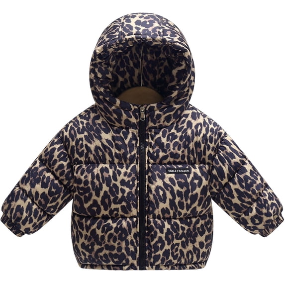 JFTTX Girls Puffer Jacket Leopard Print Zip Up Jackets for Girls Trendy Hooded Coat Toddler Fall Winter Cozy Outerwear with Pockets Size 12M-6Y