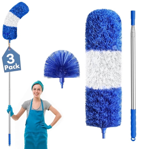 JFengqi Microfiber Duster with 30-100" Telescopic Pole, Reusable Home Cleaning Kit for High Ceilings, Fans, Cobwebs, Blinds & Furniture, Blue