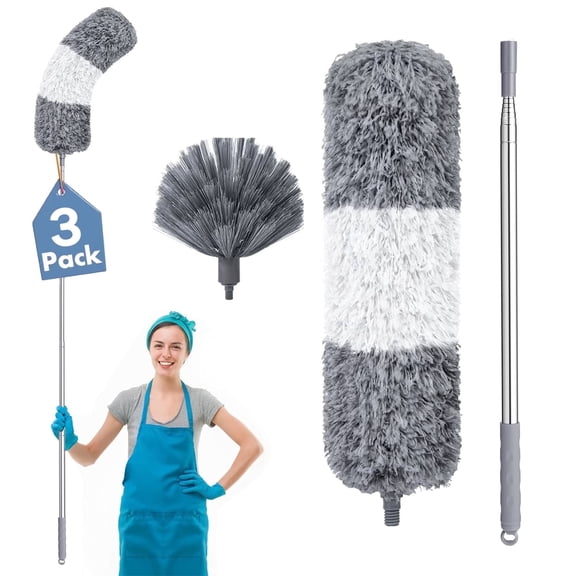JFengqi Microfiber Duster with 30-100" Telescopic Pole, Reusable Home Cleaning Kit for High Ceilings, Fans, Cobwebs, Blinds & Furniture, Gray