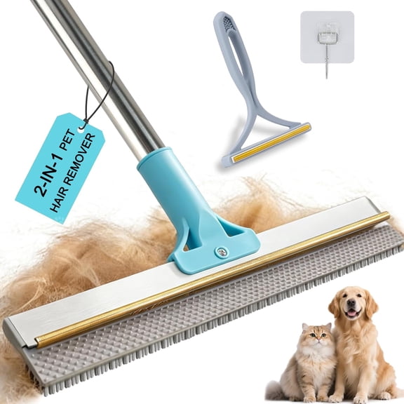 JFengqi Carpet Rake for Pet Hair Removal, 54'' Long Handle, 2-in-1 Reusable Silicone Carpet Broom with Lint Scrapers, Broom for Rugs, Mats, Couch